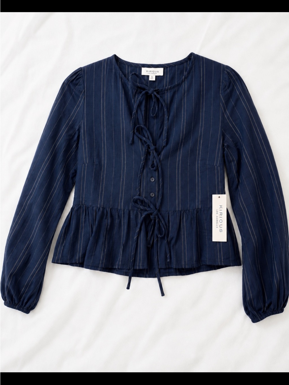Kirious Navy Pinstripe Tie-Front Peplum Blouse Fits like Medium and Large - Picture 5 of 6
